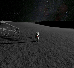 The LUMINSim astronaut standing on the edge of Shackleton crater.